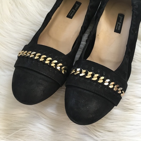 Paul Green Gold Chain Black Suede Flats Shoes - Picture 3 of 6